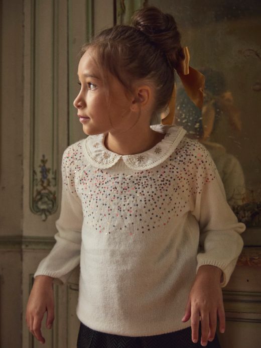 Бял коледен пуловер с пайети за момичета