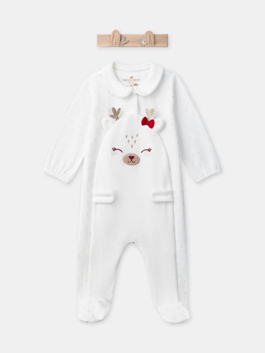 Бял ромпър + кафява лента за глава за бебе момиче