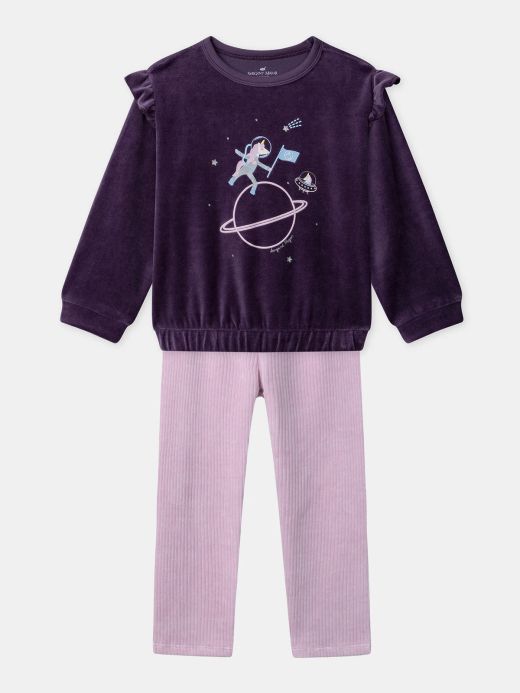 Розово-лилава кадифена пижама с принт на еднорог за момичета