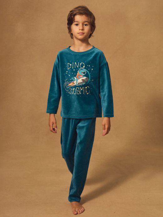 Тъмносиня кадифена пижама с динозавърски принт за момчета