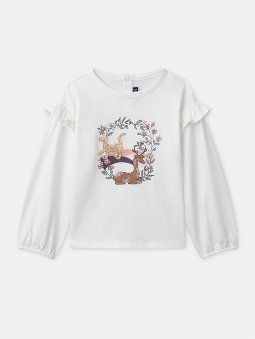 Бяла блуза с дълъг ръкав и пайети за момиче