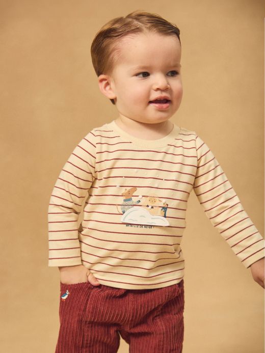 Екрю блуза с дълъг ръкав и червени райета за бебе момче