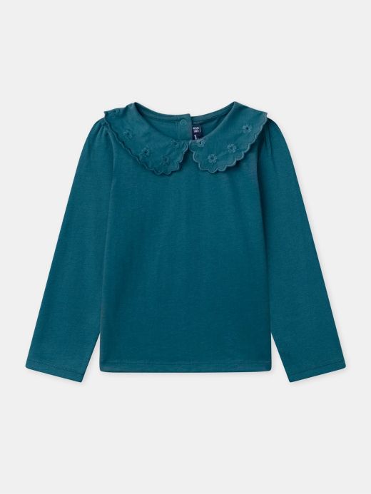 СИНЯ БЛУЗА С ДЪЛЪГ РЪКАВ И ДЕКОРАТИВНА ЯКА ЗА МОМИЧЕ