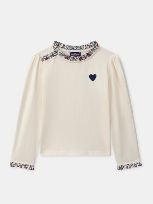 Блуза с дълъг ръкав в екрю с флорален принт за момиче
