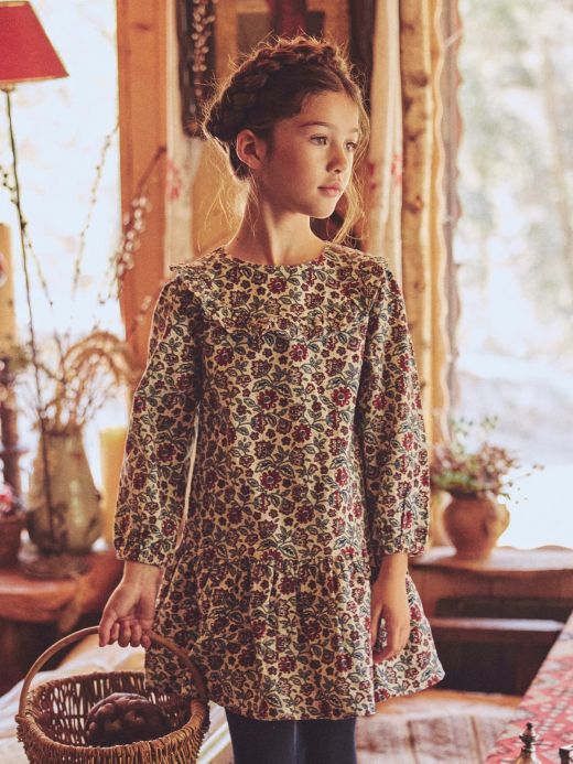 Кадифена рокля с флорален принт за момиче