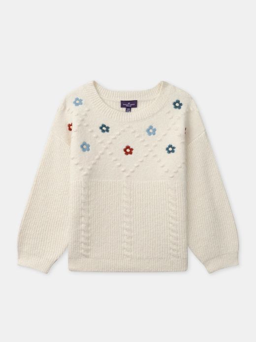 Екрю пуловер с цветна бродерия за момиче