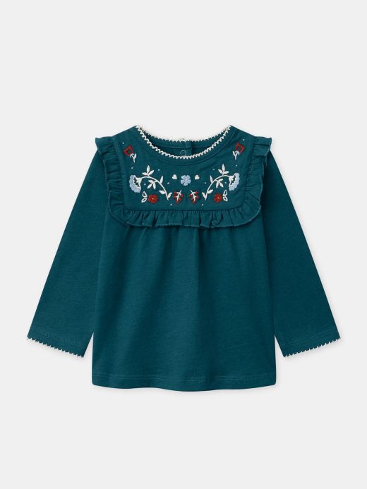 Синя блуза с цветна бродерия за бебе момиче