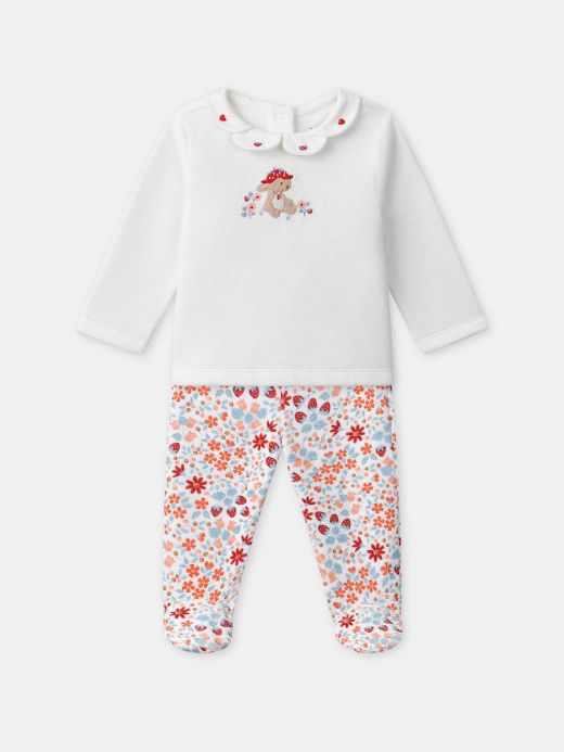 Бебешка пижама за момиче с бродерия на зайче и флорален принт