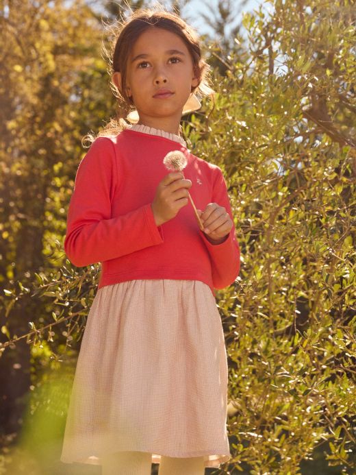 Розова рокля от два материала – едноцветна и на каре, за момиче