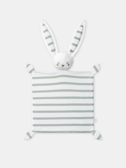 БЕБЕШКО КОМФОРТНО ОДЕЯЛЦЕ СЪС ЗАЙЧЕ В ЕКРЮ И СИВО-СИНИ РАЙЕТА