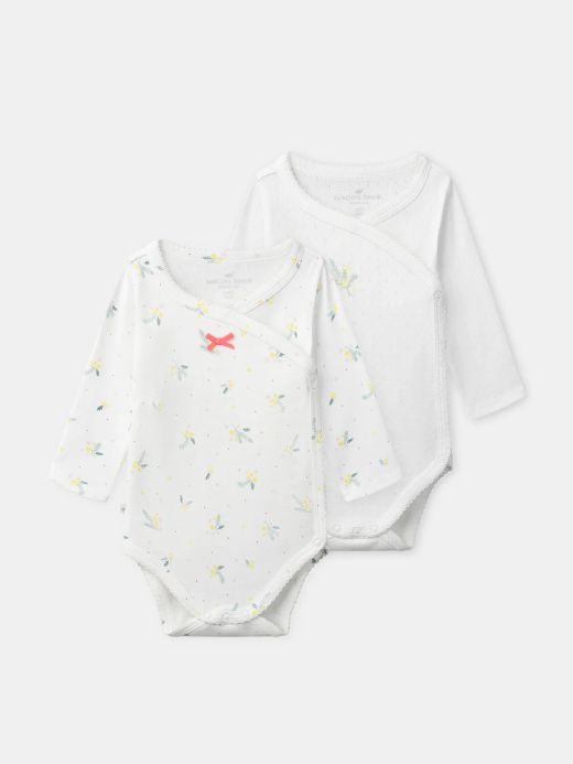 КОМПЛЕКТ ОТ 2 БОДИТА В ЕКРЮ И С ПРИНТ ЛИСТА ЗА НОВОРОДЕНО МОМИЧЕ