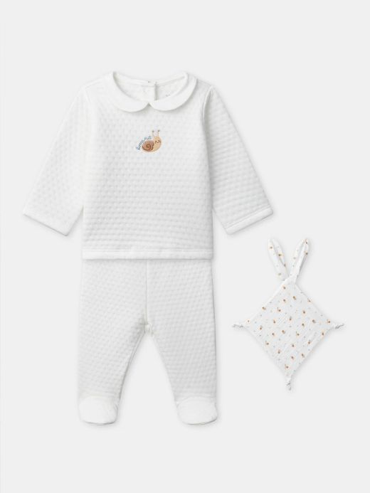 КОМПЛЕКТ БЛУЗА + ЕКРЮ ПАНТАЛОН + ОДЕЯЛЦЕ С ПРИНТ ОХЛЮВ – НОВОРОДЕНО