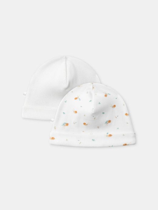 КОМПЛЕКТ ОТ 2 ШАПКИ В ЕКРЮ И С ПРИНТ ОХЛЮВ ЗА НОВОРОДЕНО – УНИСЕКС