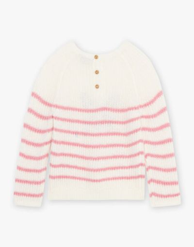  Плетен пуловер в цвят екрю с розови райета DAELISE 