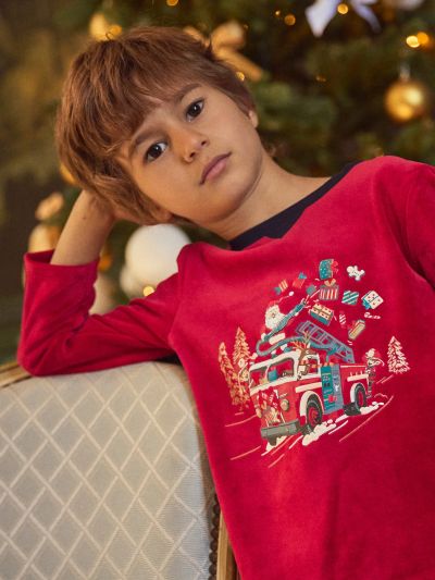 ПЛЮШЕНА ПИЖАМА С КОЛЕДЕН МОТИВ ЧЕРВЕНО И СИНЬО