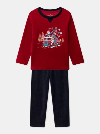 ПЛЮШЕНА ПИЖАМА С КОЛЕДЕН МОТИВ ЧЕРВЕНО И СИНЬО