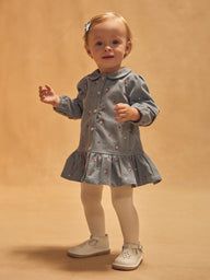 Синьо-сива рокля с цветен принт за бебе момиче