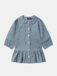 Синьо-сива рокля с цветен принт за бебе момиче