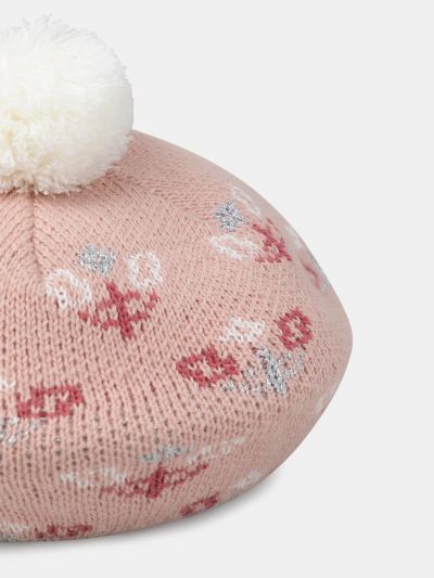 Розова зимна шапка с помпон и цветни мотиви за момиче