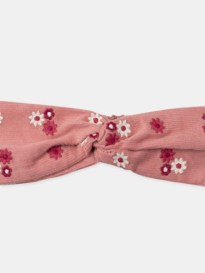 Розова кадифена лента за коса с цветна бродерия за бебе момиче