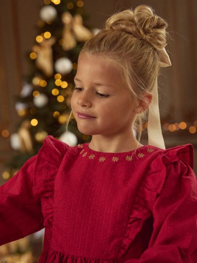 Червена коледна рокля с волани за момичета