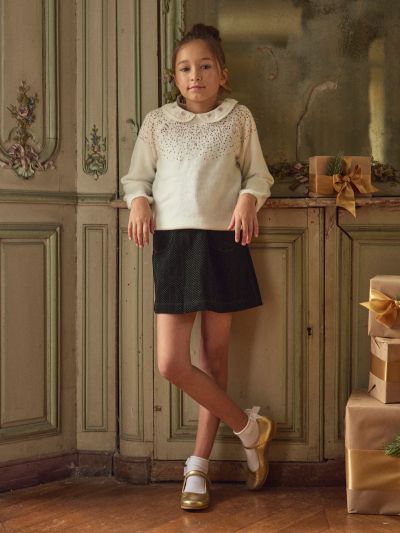 Бял коледен пуловер с пайети за момичета