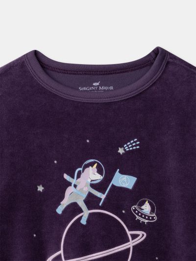 Розово-лилава кадифена пижама с принт на еднорог за момичета