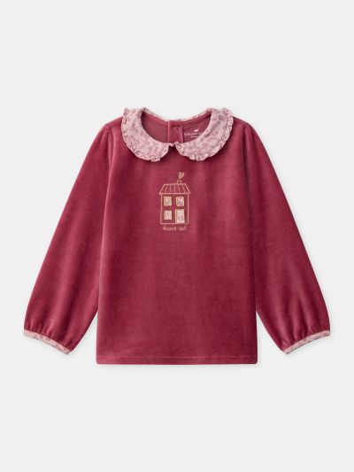 Тъмнорозова кадифена пижама с флорален принт за момичета