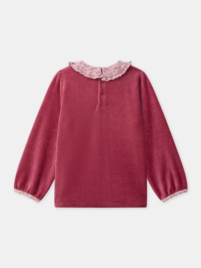 Тъмнорозова кадифена пижама с флорален принт за момичета