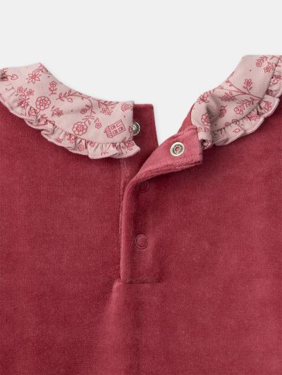 Тъмнорозова кадифена пижама с флорален принт за момичета