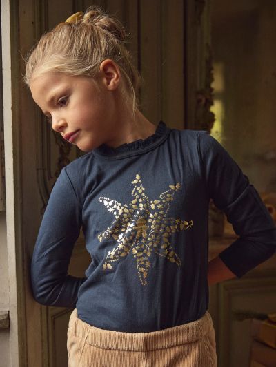 Тъмносиня блуза с дълъг ръкав със златна звезда за момичета
