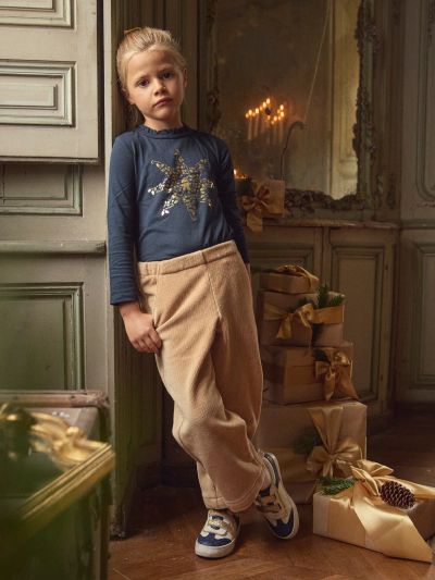 Тъмносиня блуза с дълъг ръкав със златна звезда за момичета