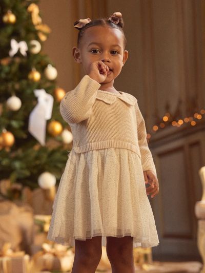 Коледна рокля с плетен топ и тюлена пола за бебе момиче