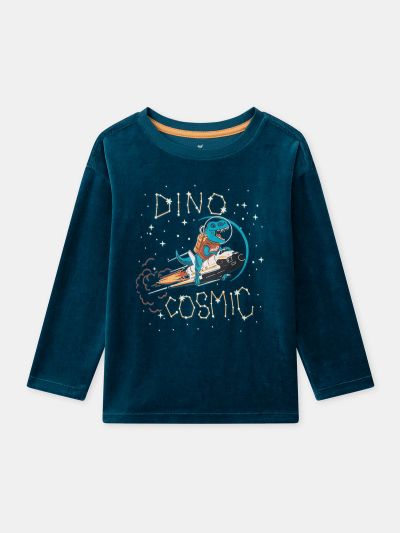 Тъмносиня кадифена пижама с динозавърски принт за момчета