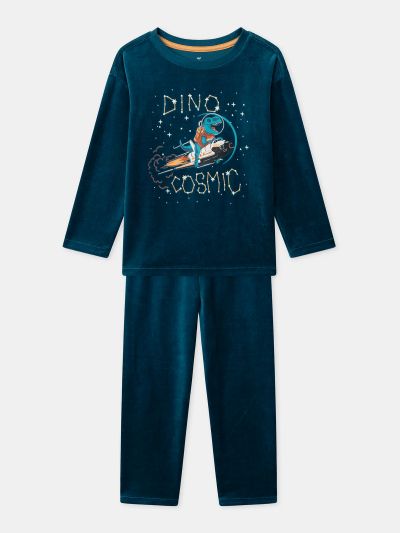 Тъмносиня кадифена пижама с динозавърски принт за момчета
