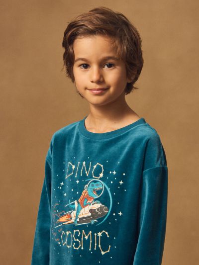 Тъмносиня кадифена пижама с динозавърски принт за момчета