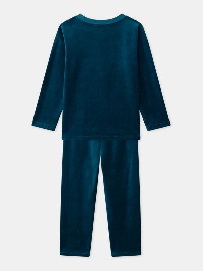 Тъмносиня кадифена пижама с динозавърски принт за момчета