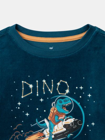 Тъмносиня кадифена пижама с динозавърски принт за момчета