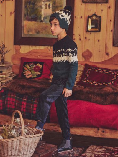 Детски пуловер в три цвята с плетен мотив