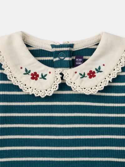 Рокля за бебе момиче в синьо и екрю на райета