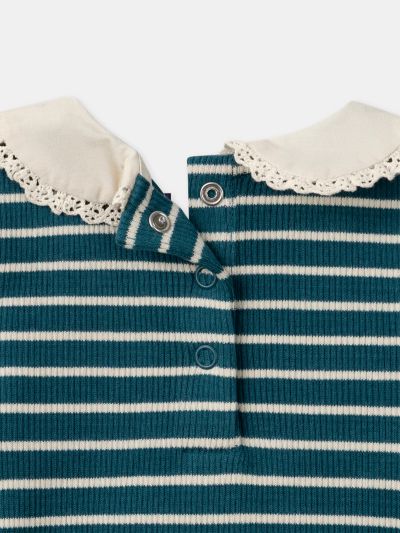 Рокля за бебе момиче в синьо и екрю на райета