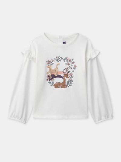 Бяла блуза с дълъг ръкав и пайети за момиче