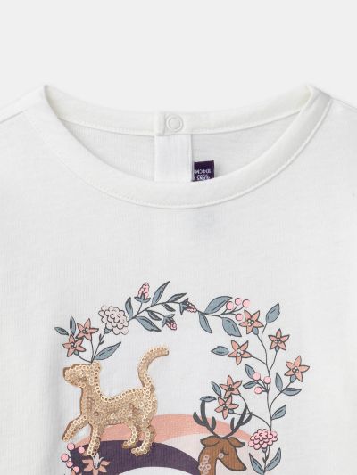 Бяла блуза с дълъг ръкав и пайети за момиче