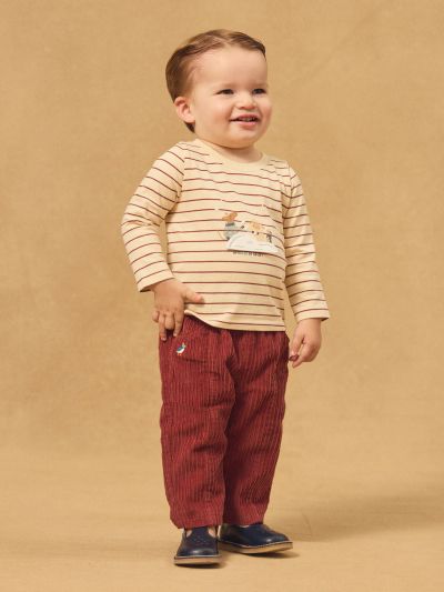 Екрю блуза с дълъг ръкав и червени райета за бебе момче