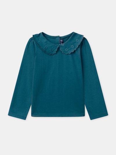 СИНЯ БЛУЗА С ДЪЛЪГ РЪКАВ И ДЕКОРАТИВНА ЯКА ЗА МОМИЧЕ