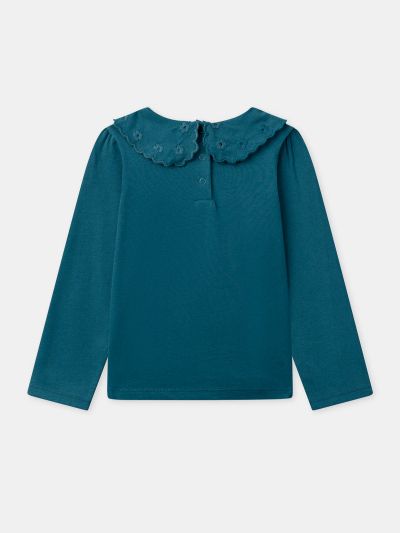 СИНЯ БЛУЗА С ДЪЛЪГ РЪКАВ И ДЕКОРАТИВНА ЯКА ЗА МОМИЧЕ