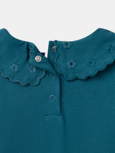 СИНЯ БЛУЗА С ДЪЛЪГ РЪКАВ И ДЕКОРАТИВНА ЯКА ЗА МОМИЧЕ