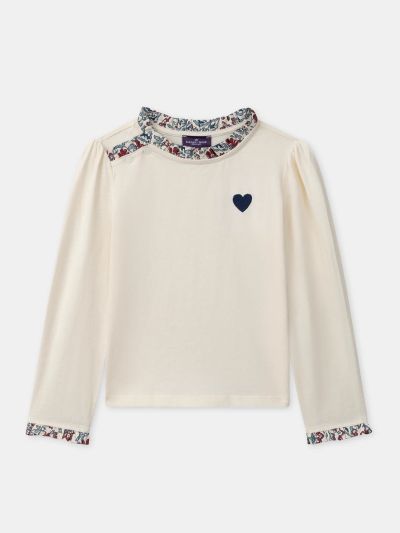 Блуза с дълъг ръкав в екрю с флорален принт за момиче