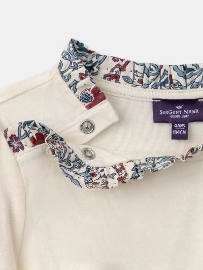 Блуза с дълъг ръкав в екрю с флорален принт за момиче