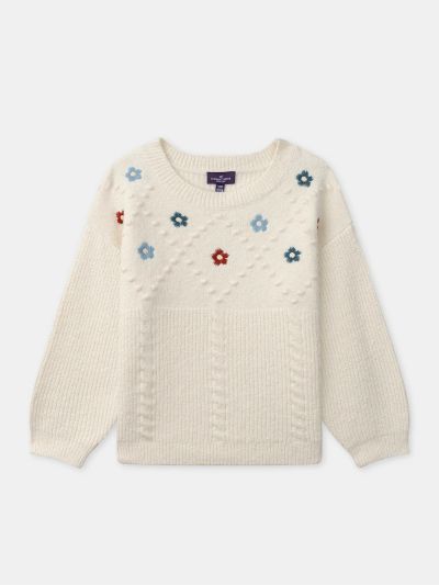 Екрю пуловер с цветна бродерия за момиче